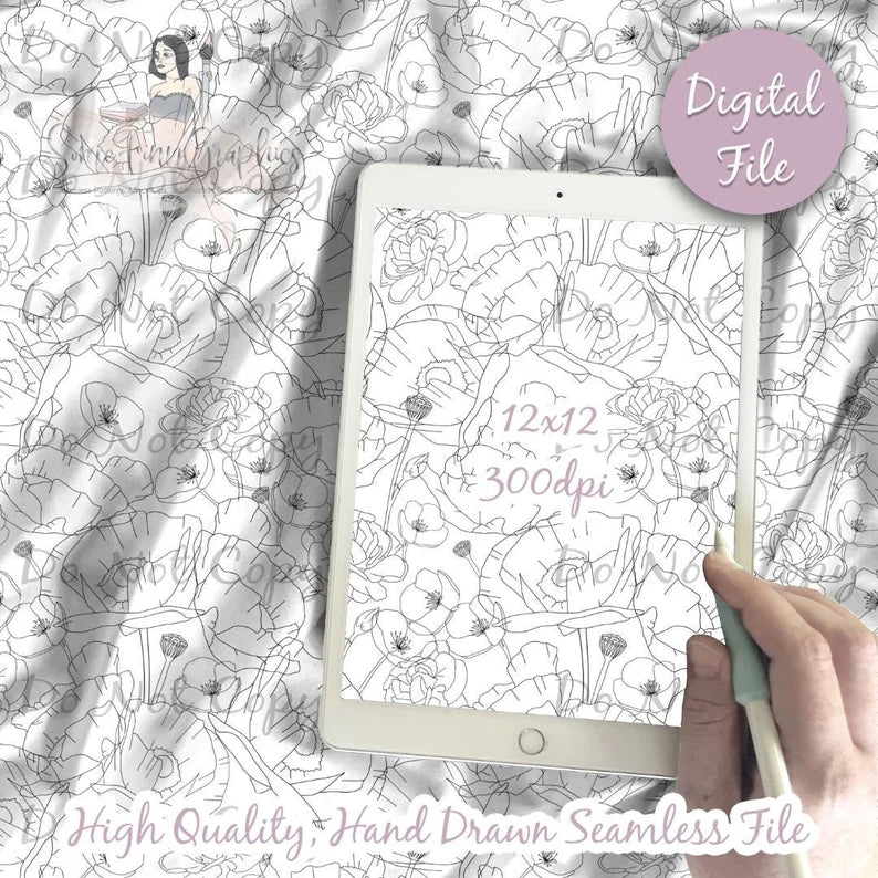 Black and White Outline Sketchy Floral Seamless