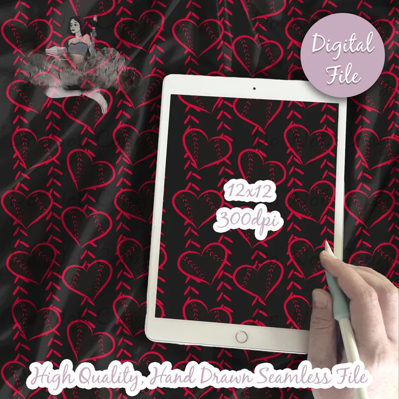 Black and Red Baseball Stripes Heart Digital Paper