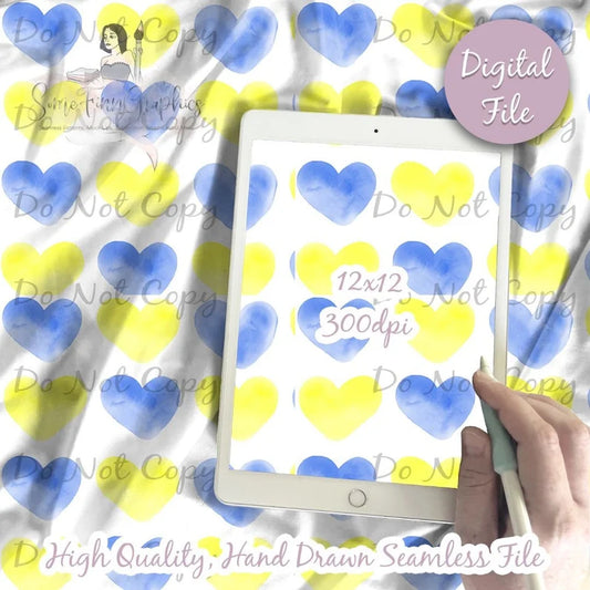 Blue and Yellow Watercolor Hearts Digital Paper