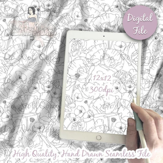 Black and White Outline Sketchy Floral Seamless