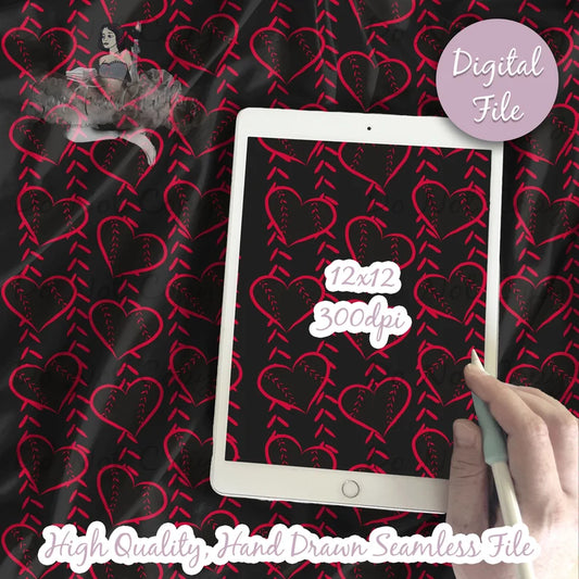 Black and Red Baseball Stripes Heart Digital Paper