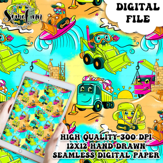 Beach Construction Trucks Digital Paper