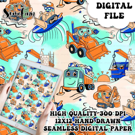Beach Construction Trucks Digital Paper