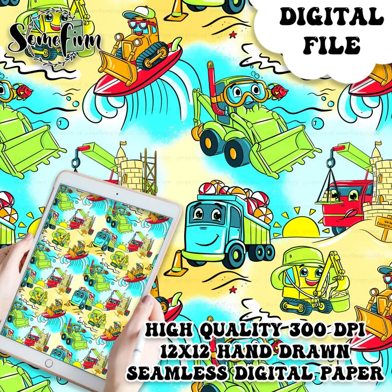 Beach Construction Trucks Digital Paper