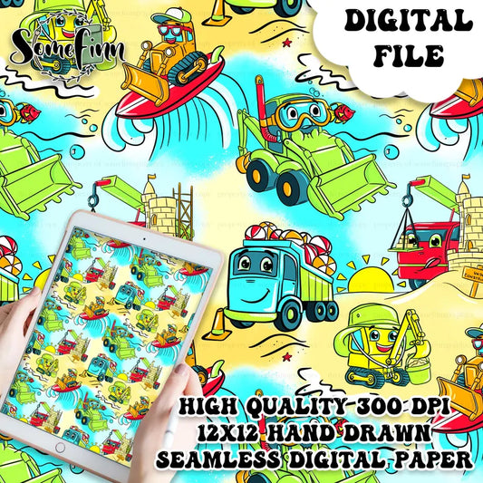 Beach Construction Trucks Digital Paper