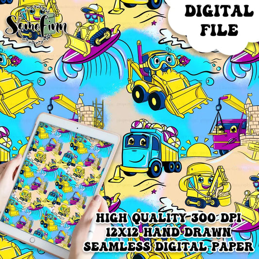 Beach Construction Trucks Digital Paper